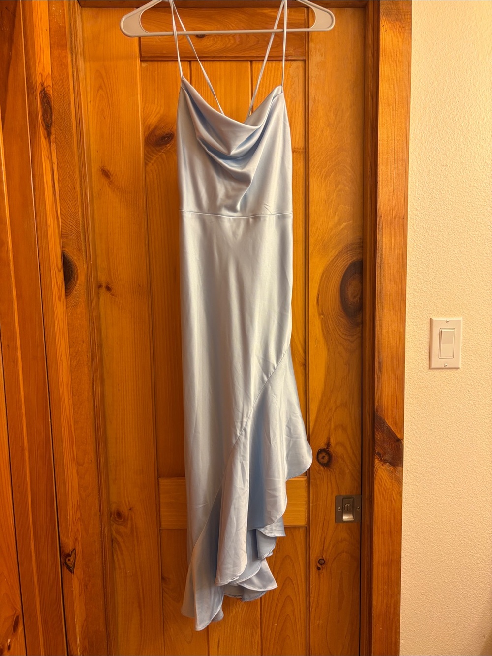 B Darlin Light Blue Asymmetrical Cowl Neck Slip Dress